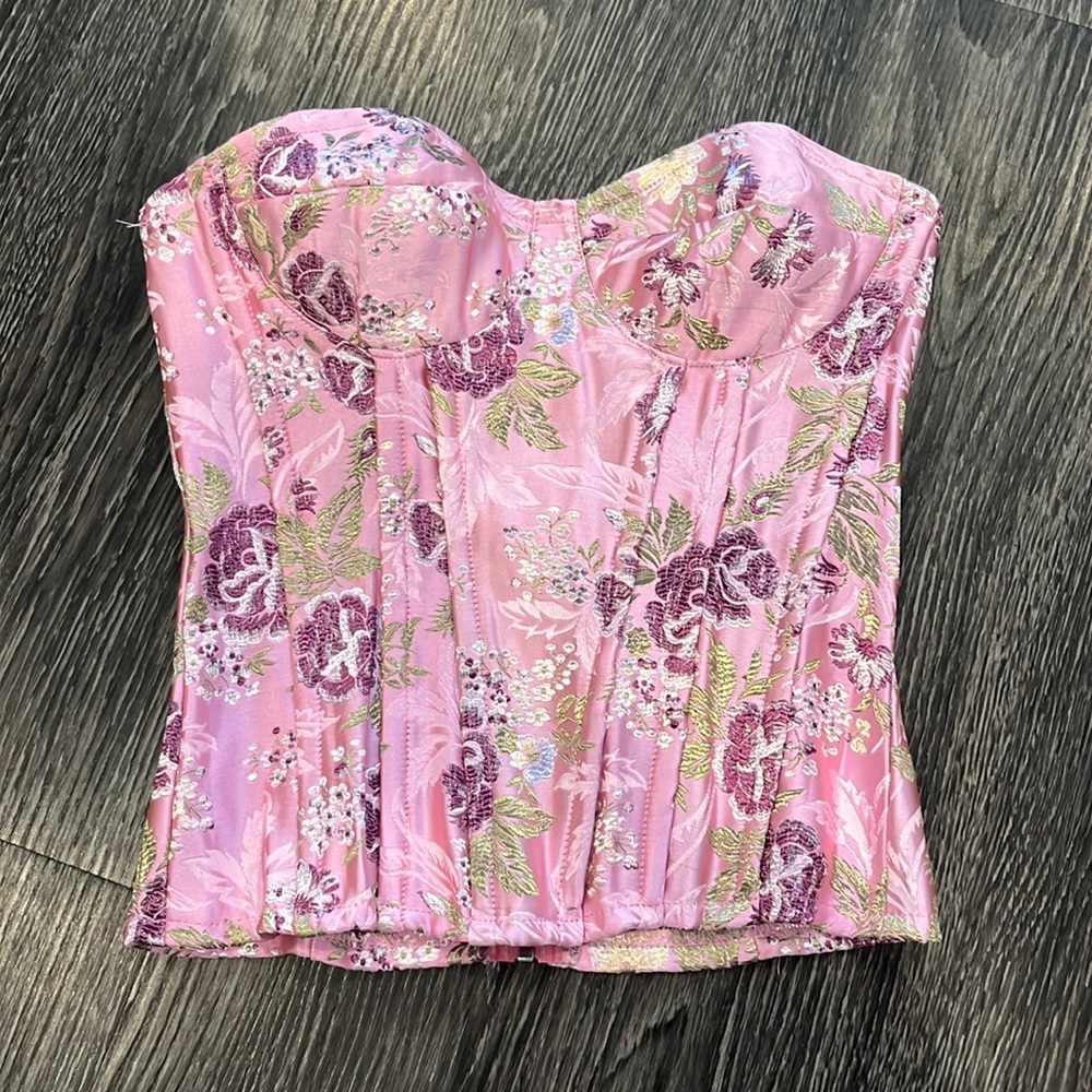 Pretty Little Thing Pink Floral Print Satin Corset Top